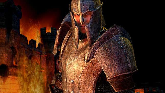 A knight stands in front of a burning castle.