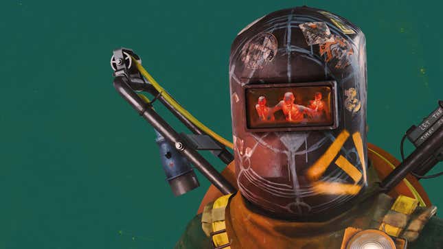 An image shows a man in a fireproof hazmat suit.