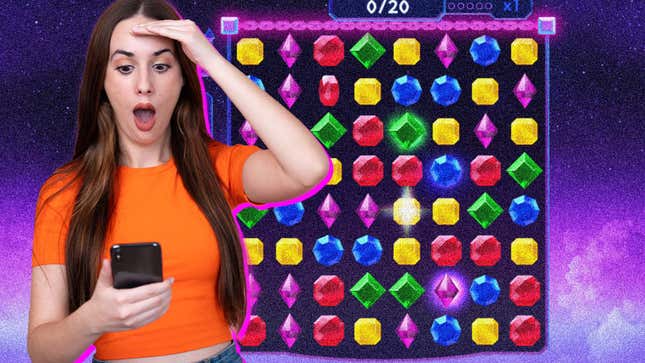 An image shows a woman looking surprised at her phone.