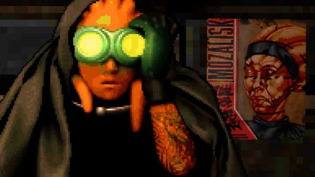 An alien looks through neon green goggles.