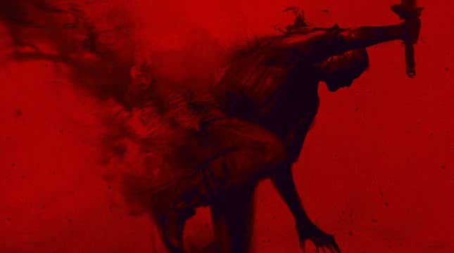 A shadowy figure jumps through red clouds.